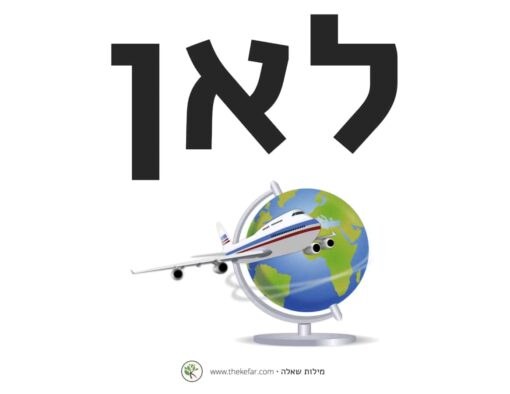 Plane flying around a globe, shown below the Hebrew word for "who"